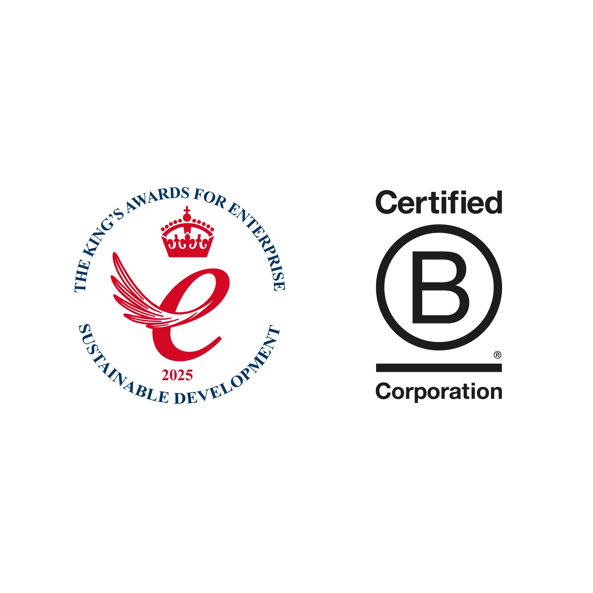 Two logos side by side: 'The King's Awards for Enterprise' and 'Certified B Corporation'.