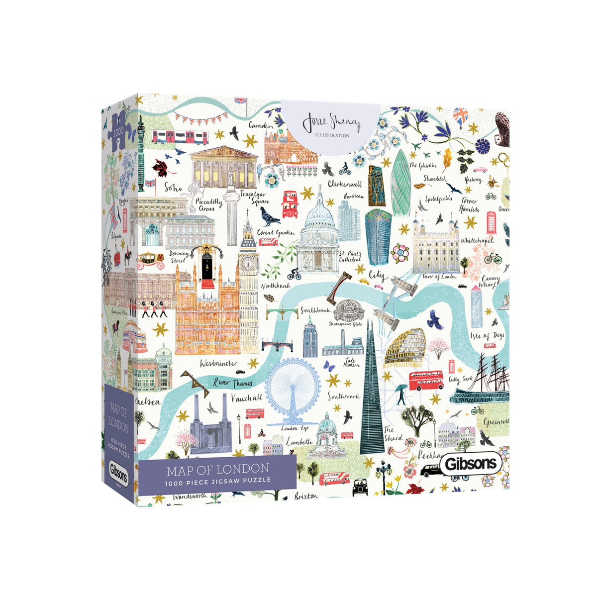 A boxed 1000 piece jigsaw puzzle featuring a map of London with various iconic landmarks illustrated on it.