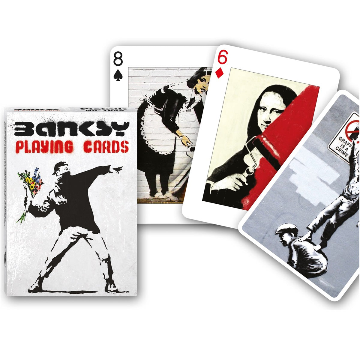 Banksy Playing Cards deck with four cards fanned out from the illustrated card box on a plain white background.