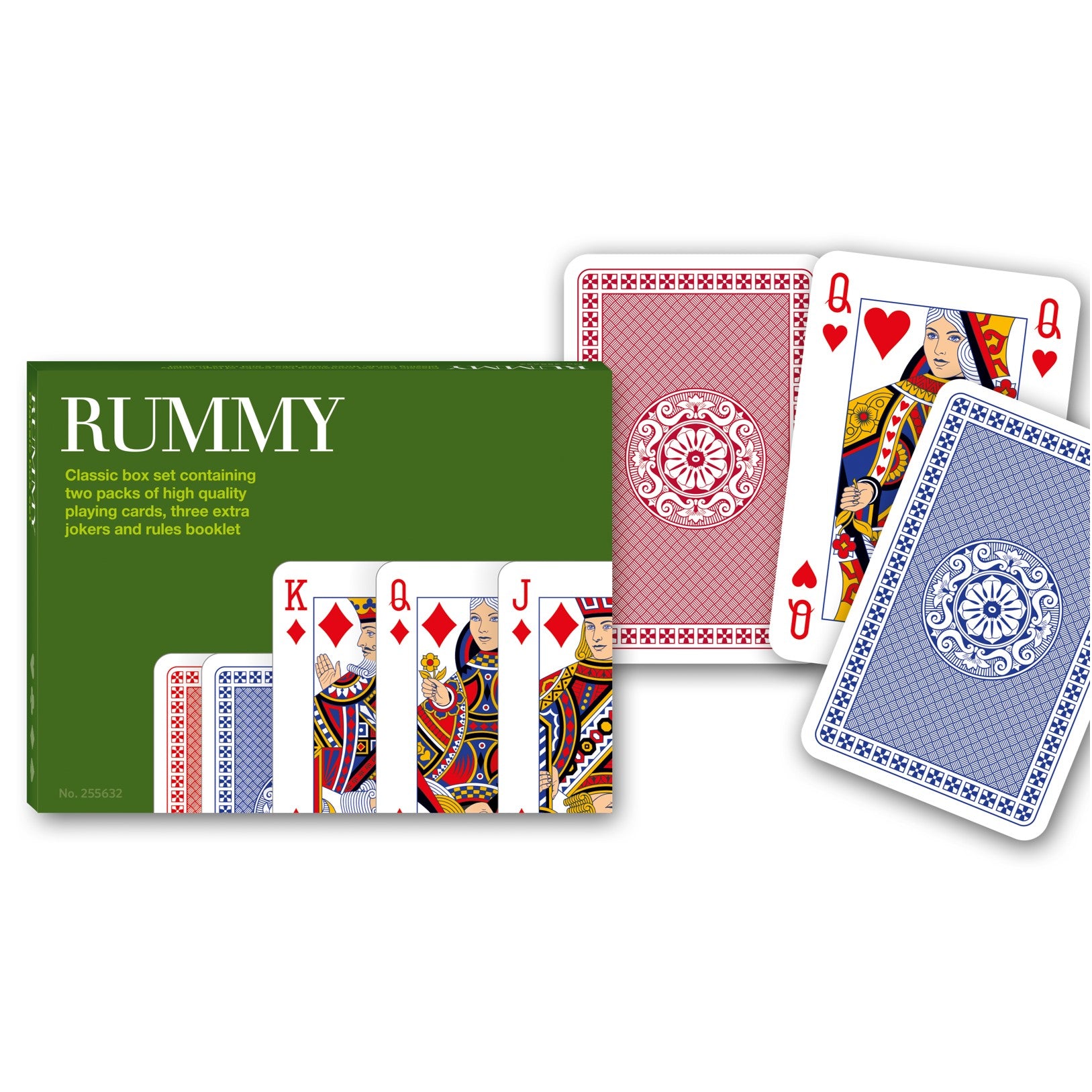 Rummy classic deck of playing cards in its green box, with several cards fanned out to show the red, blue, and multicolored card backs and face cards on a white background.