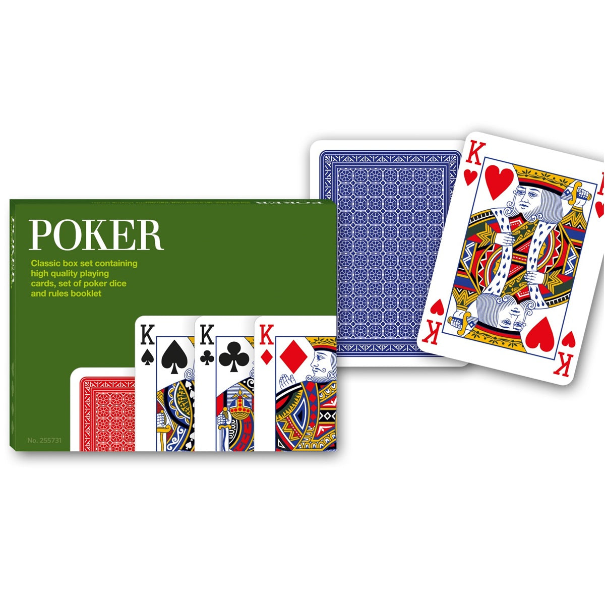 A classic deck of playing cards shown with its green box, several face-up cards (Kings of hearts, spades, clubs, and diamonds), and one face-down card displaying a blue patterned back on a white background.
