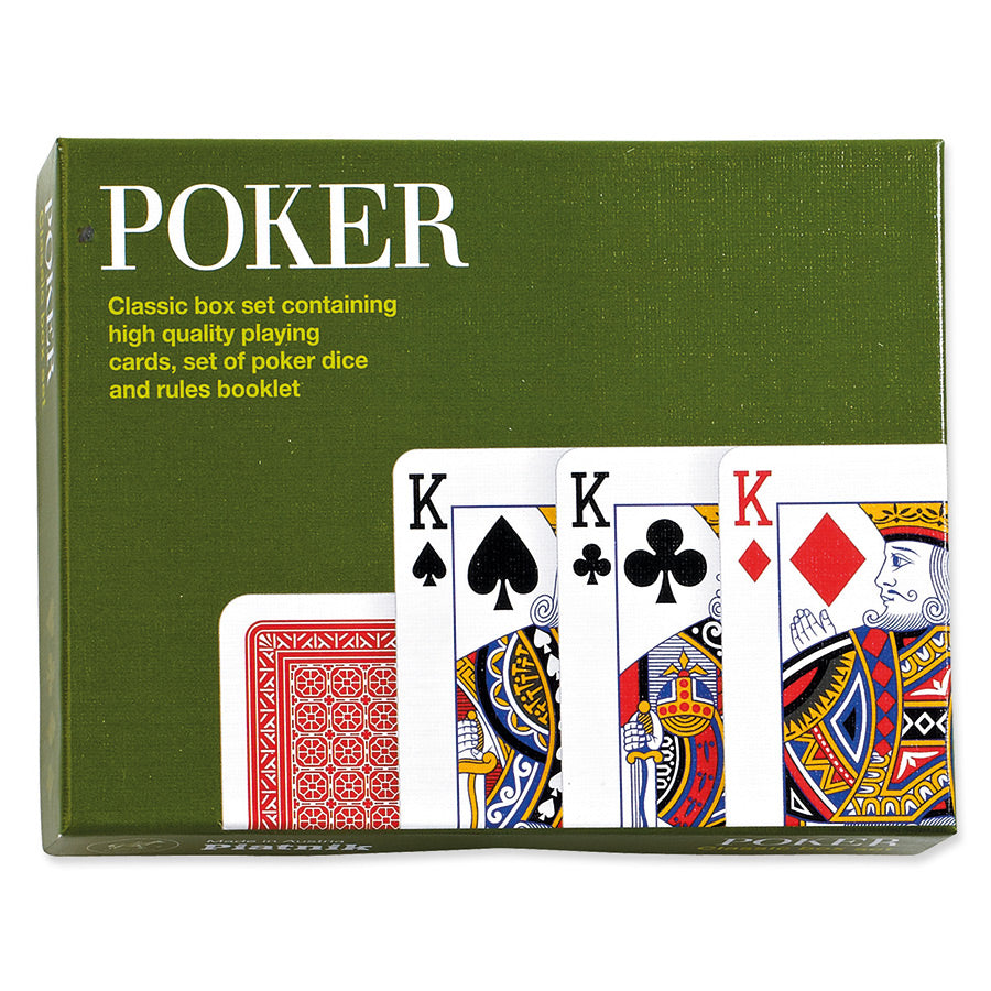 A classic green box set of poker cards, featuring the word 'POKER' in large white letters and showing four kings and a red-backed card on the front.