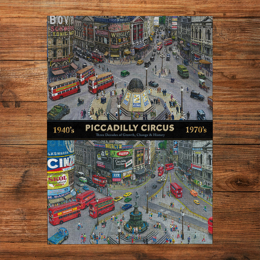 Gibsons Piccadilly Then and Now 1000 piece jigsaw puzzle made up on wooden table