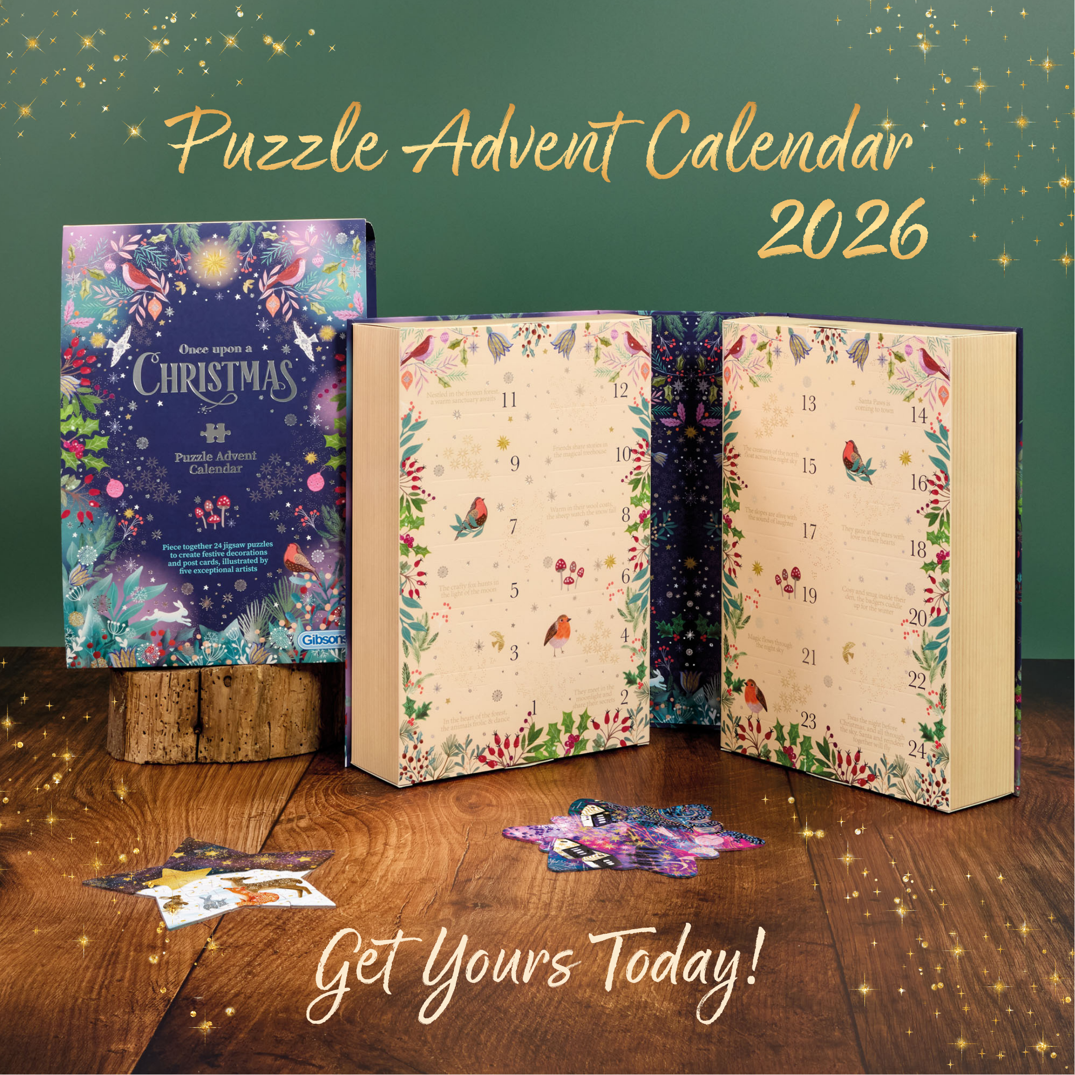 Puzzle Advent Calendar 2026 shown with its illustrated box, an open daily puzzle book, and a few loose pieces on a wooden tabletop against a dark green background with gold text.