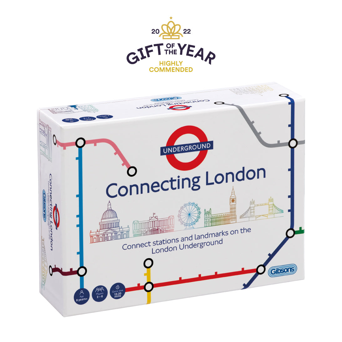 The product box for 'Connecting London' by Gibsons, featuring a white background with a colourful London Underground transit map design. A 'Gift of the Year 2022' badge is displayed above the box.