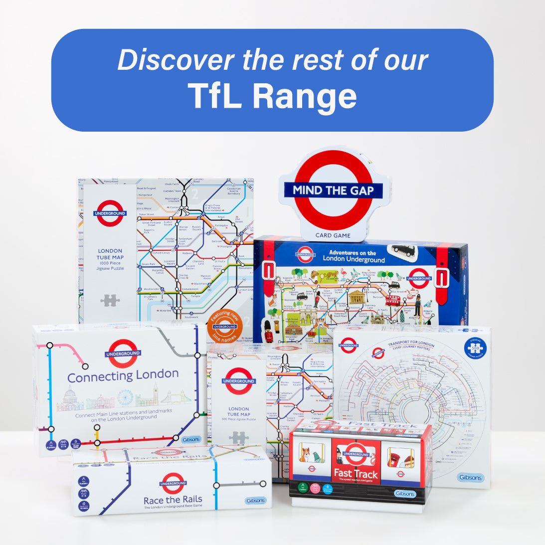 A group of TfL-themed card games and travel accessories displayed together on a white background, with a blue banner at the top reading 'Discover the rest of our TfL Range.' Visible products include Connecting London, Mind the Gap, Race the Rails, and Fast Track, all featuring London Underground roundel graphics.