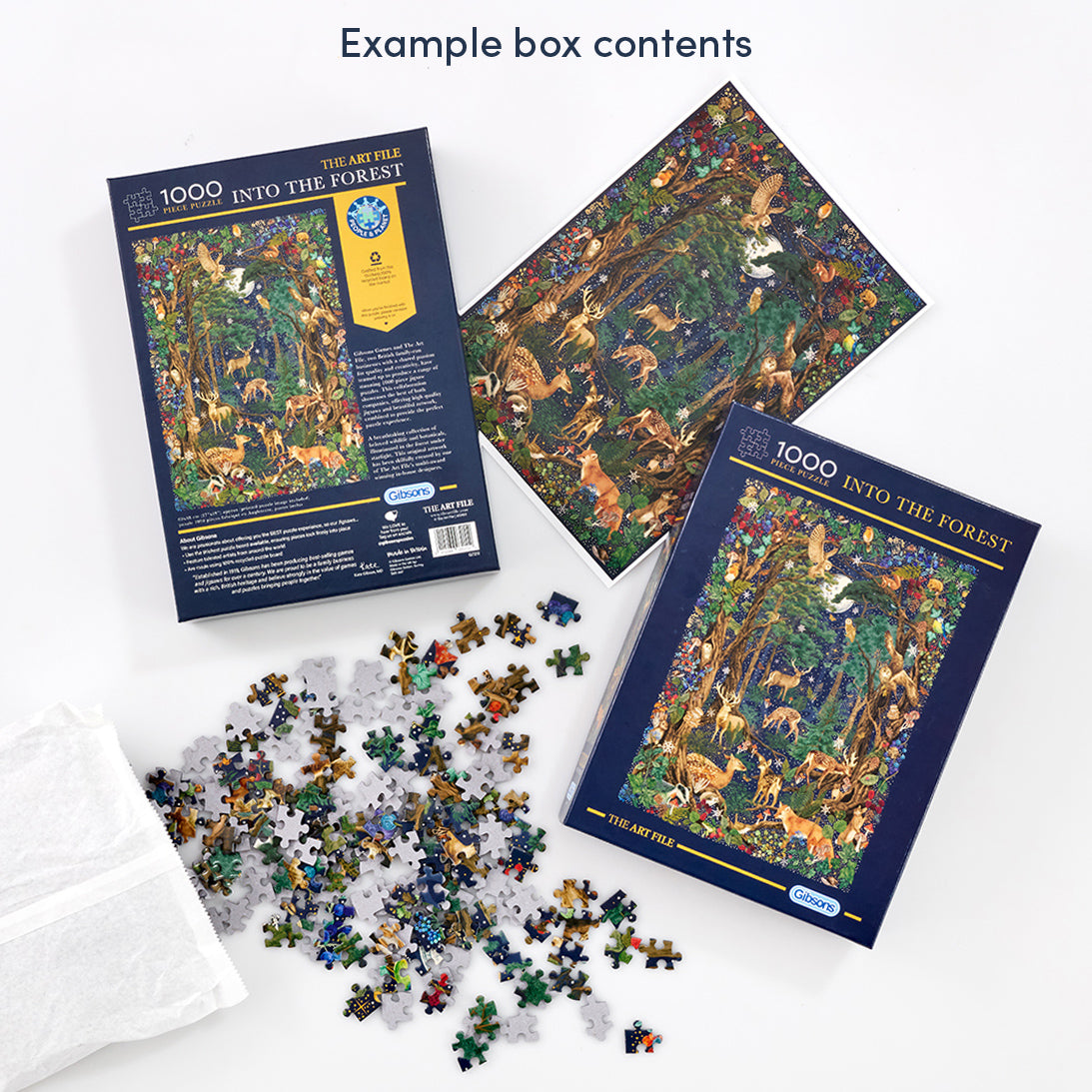 Jigsaw puzzle set with packaging and scattered pieces on a white background