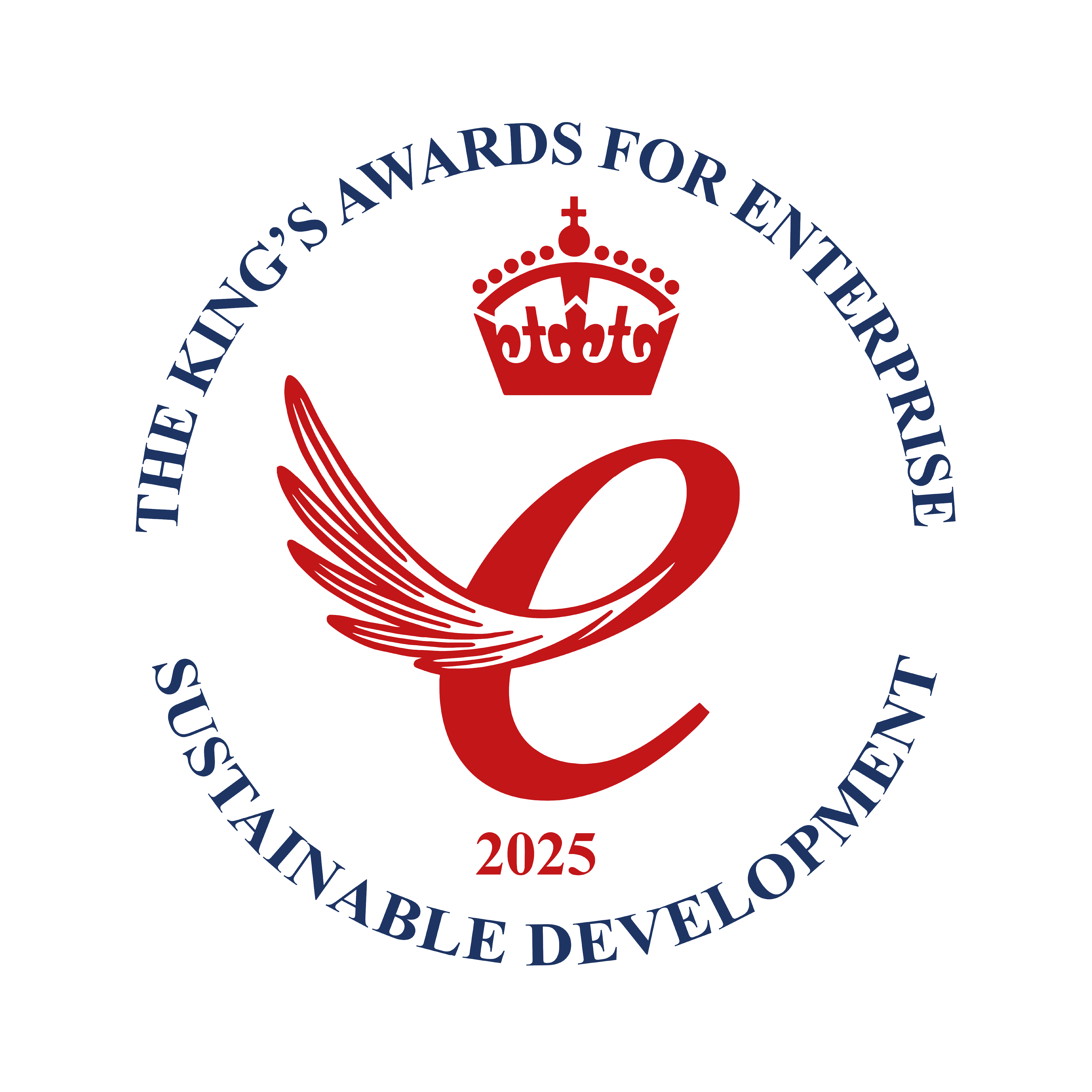 Logo for The King's Awards for Enterprise Sustainable Development 2025 with a red 'E' and crown on a white background.