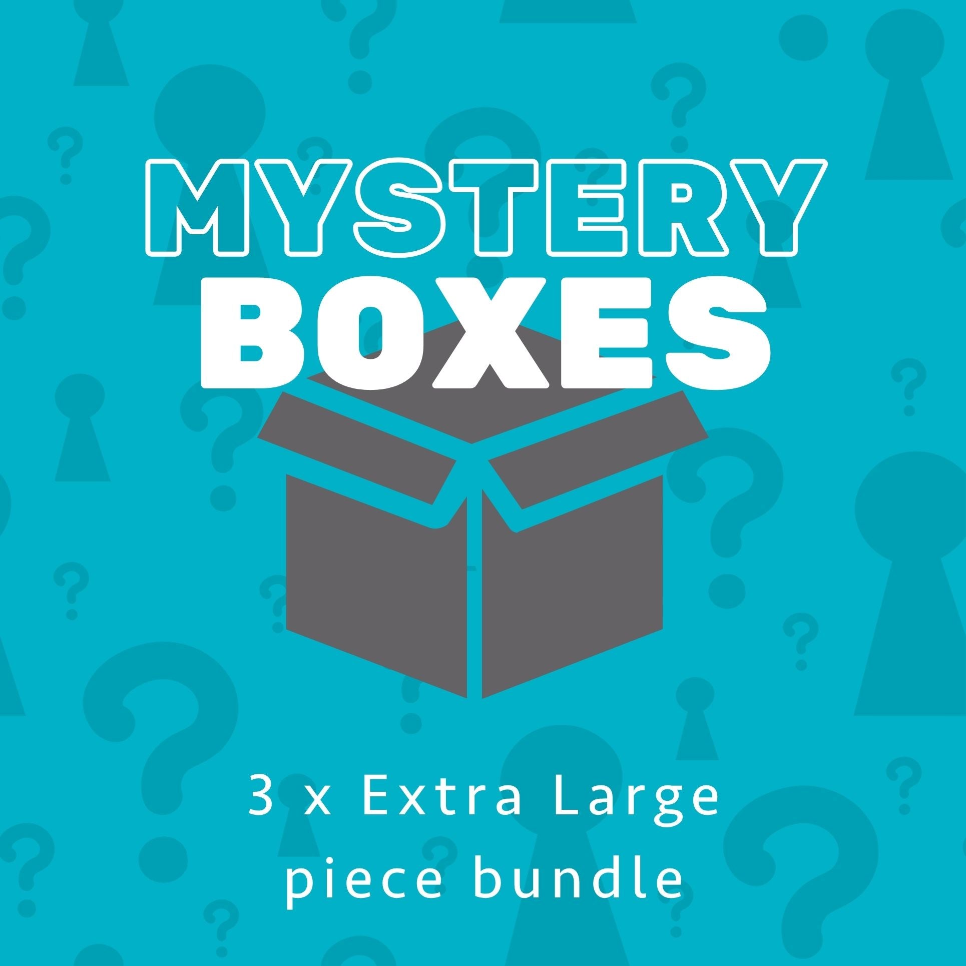 Promotional graphic for mystery boxes with a question mark pattern on an teal background
