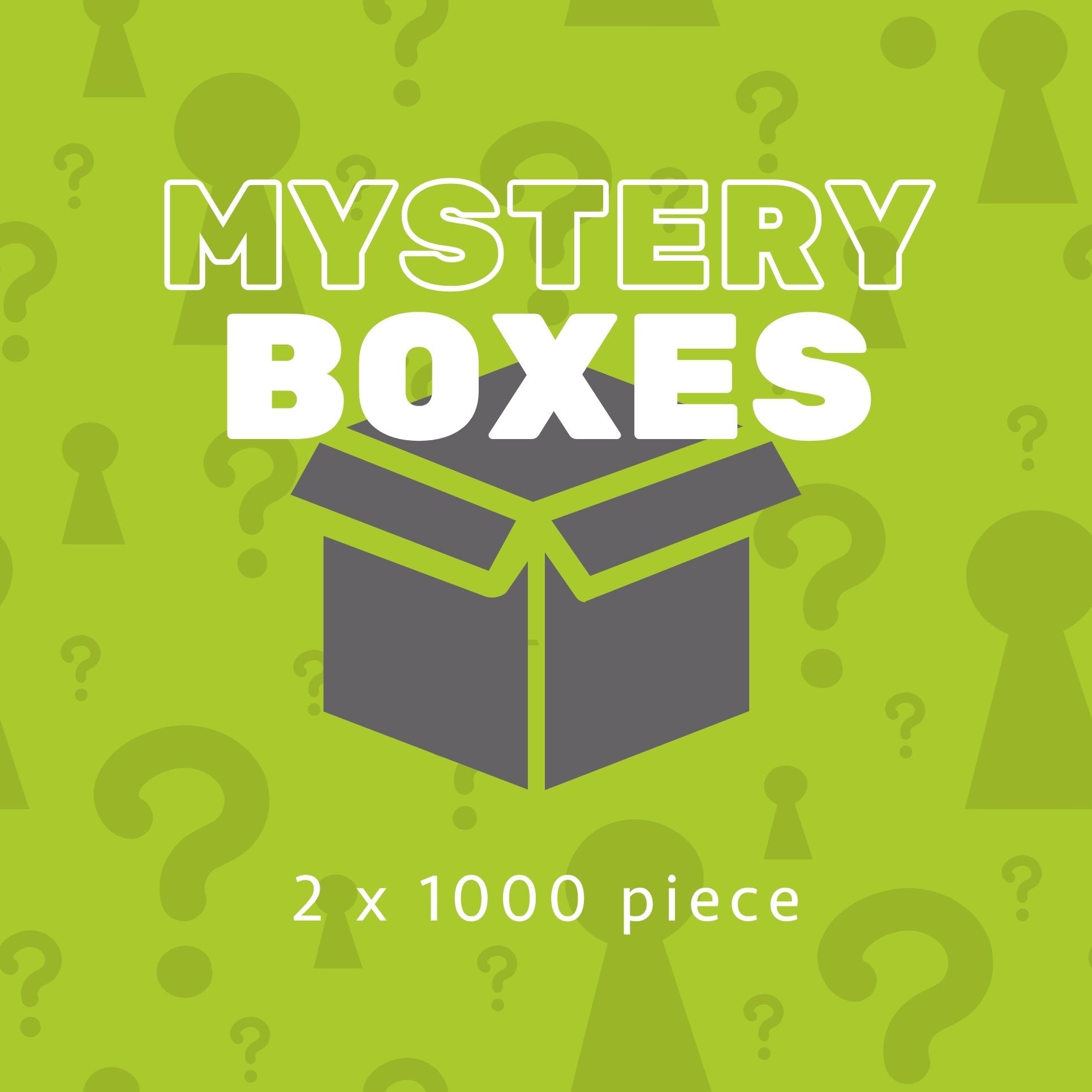 Promotional graphic for mystery boxes with a question mark pattern on an green background