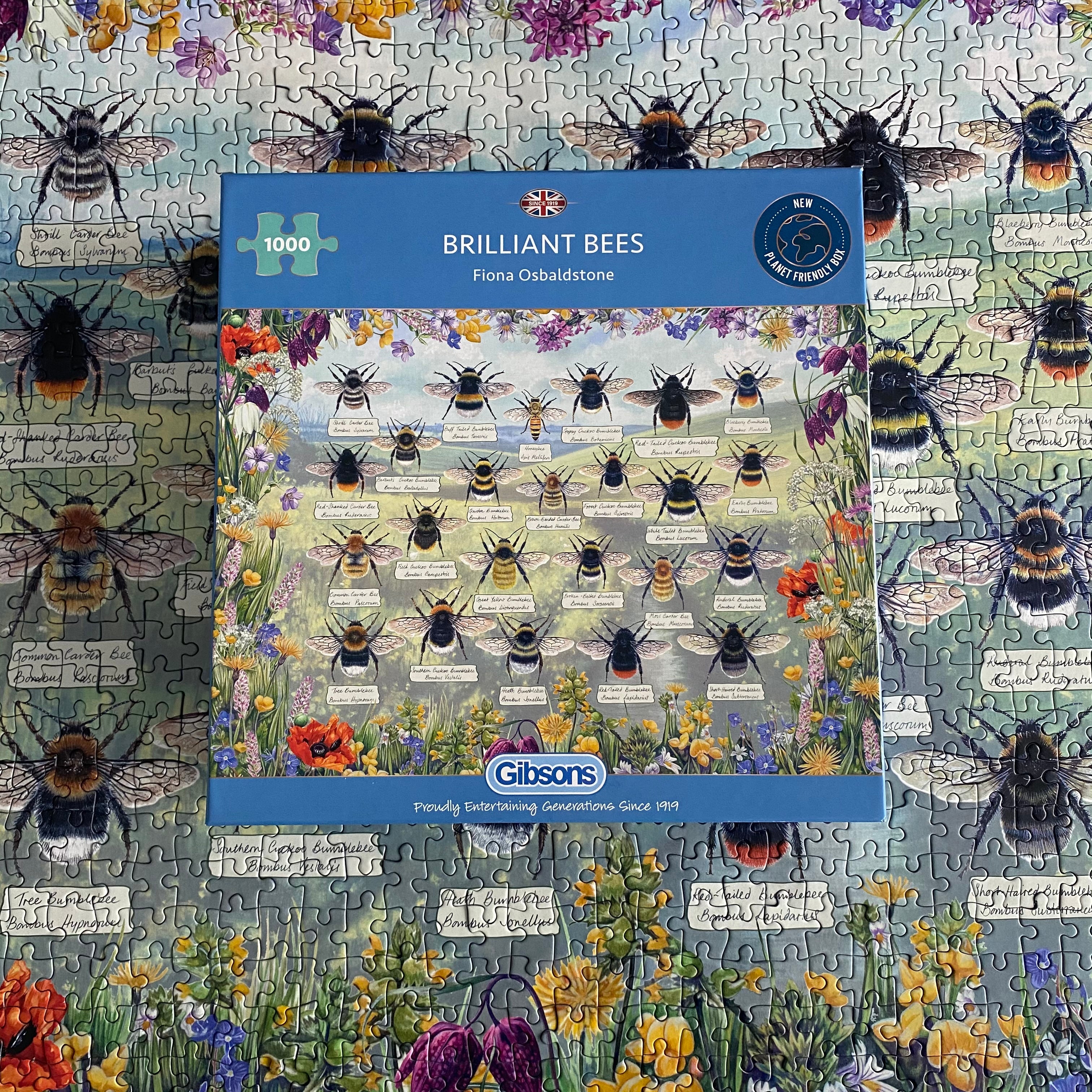 brilliant bees 1000 piece jigsaw puzzle by gibsons games, art by fiona osbaldstone