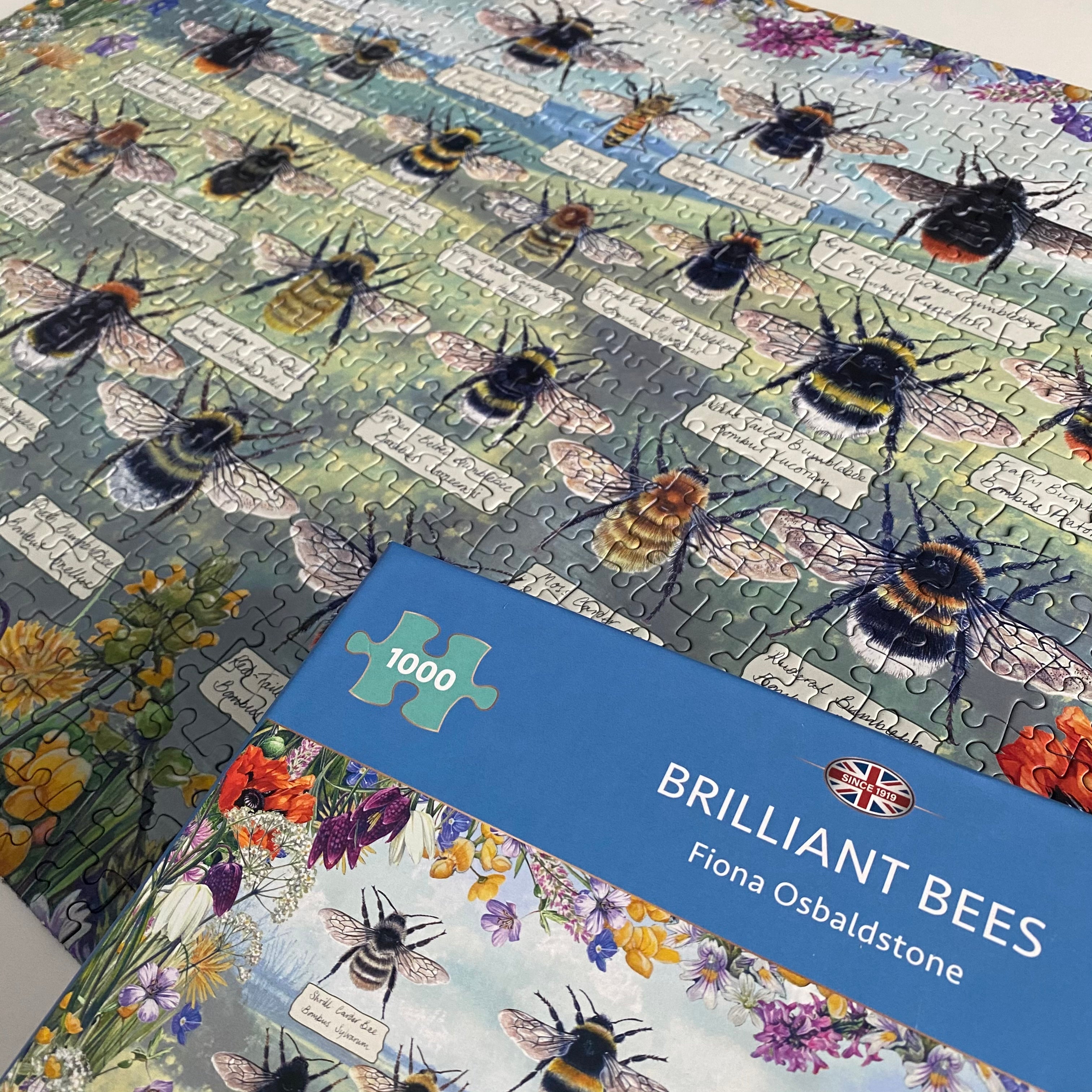 brilliant bees 1000 piece jigsaw puzzle by gibsons games, art by fiona osbaldstone