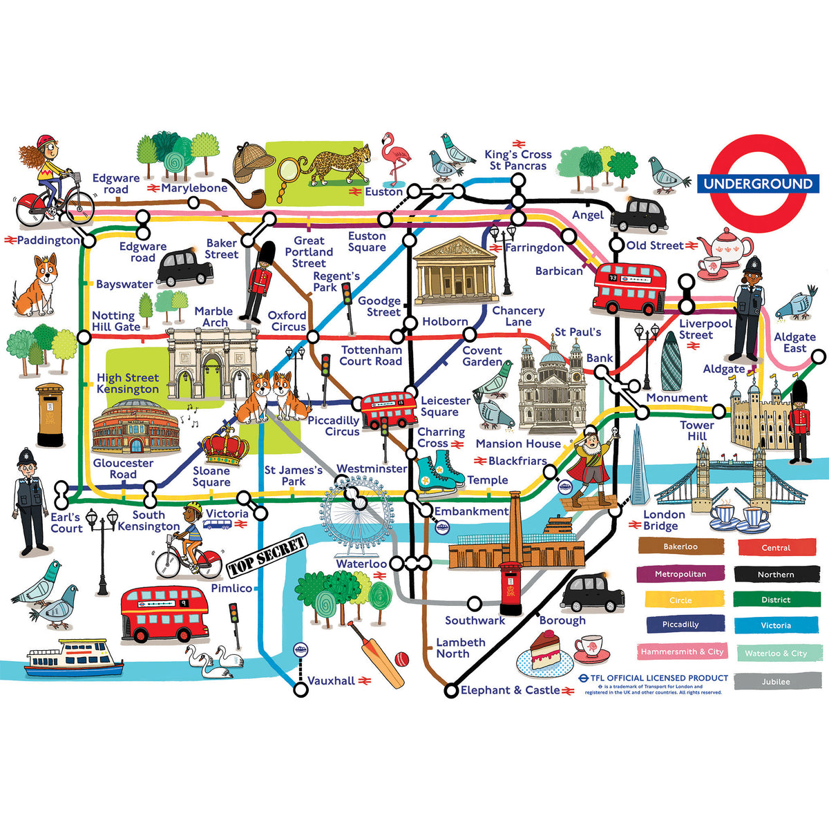 Poster shows a colourful illustrated map with London Underground tube station logos, red double-decker buses, a red bear, and other transit-themed graphics on a white background.