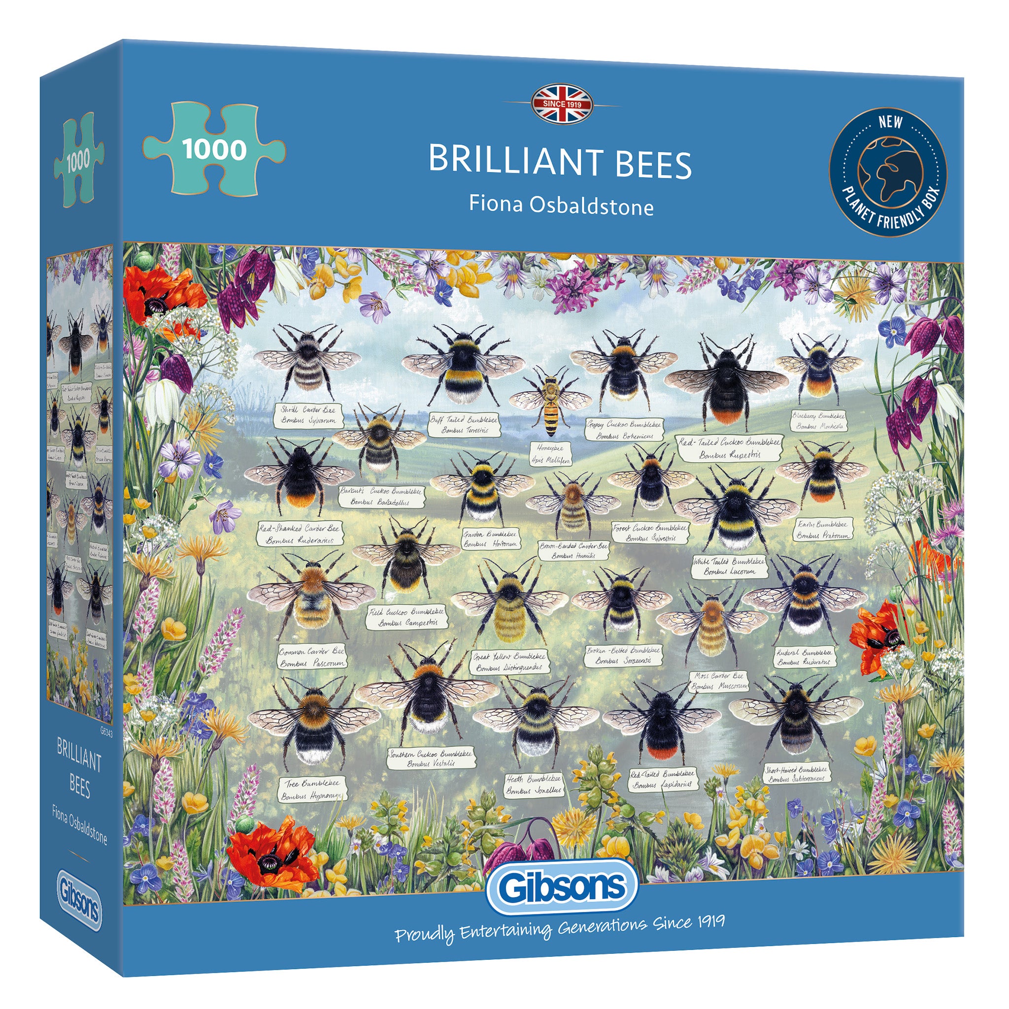 brilliant bees 1000 piece jigsaw puzzle by gibsons games, art by fiona osbaldstone