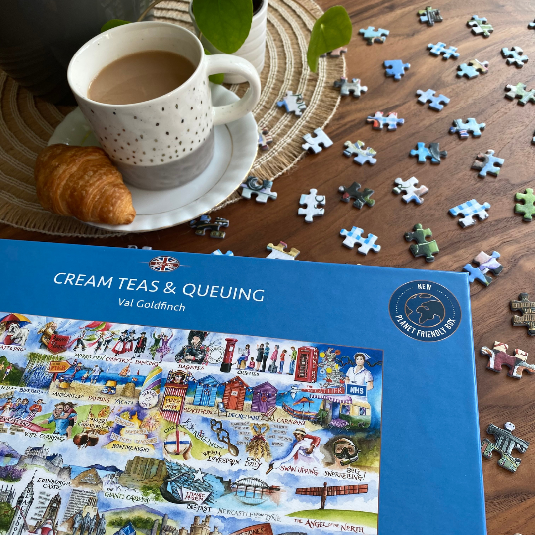 cream teas & Queueing 2000 piece val goldfinch jigsaw puzzle by gibsons games