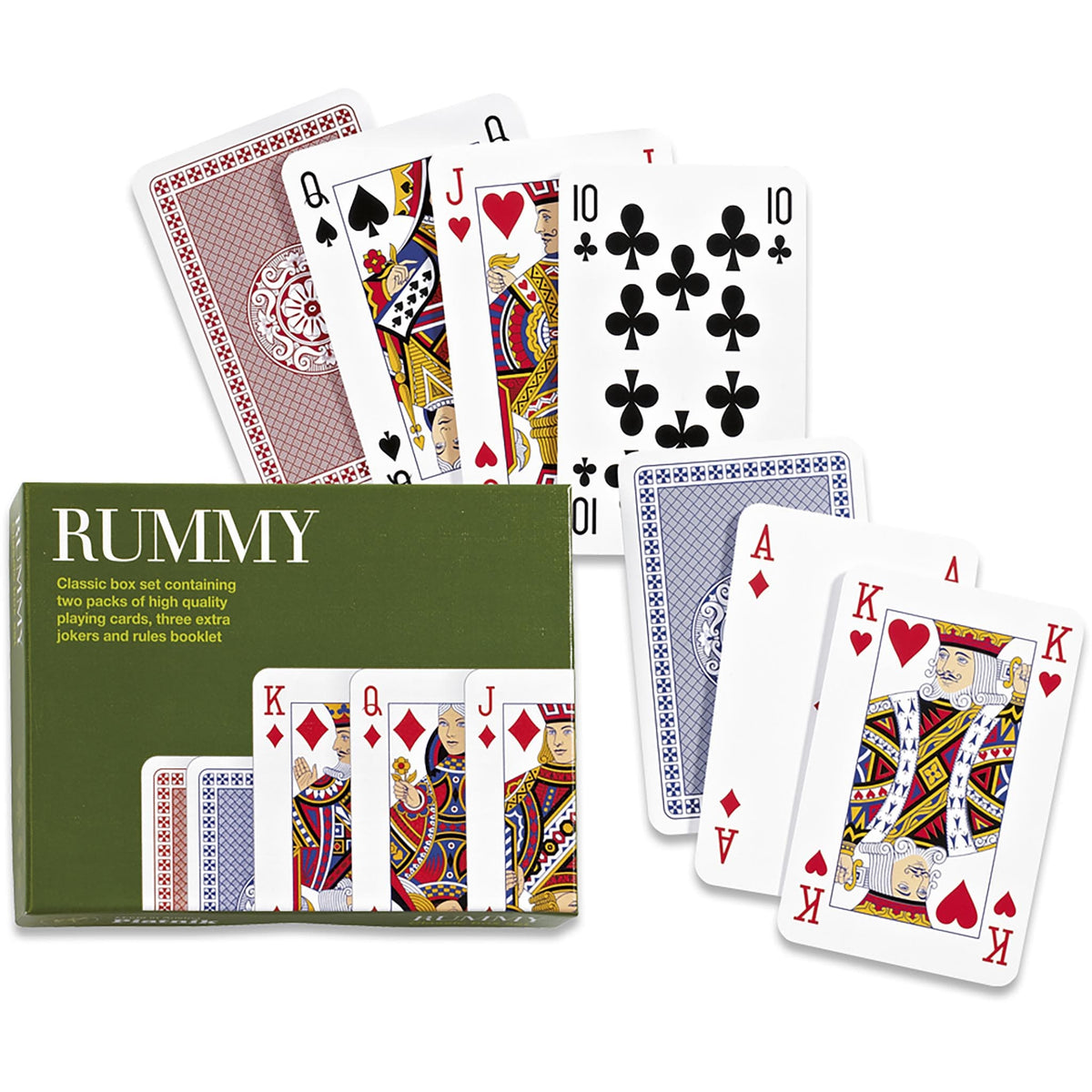A box set of Piatnik Rummy playing cards displayed alongside several cards from the deck showing different suits and numbers.